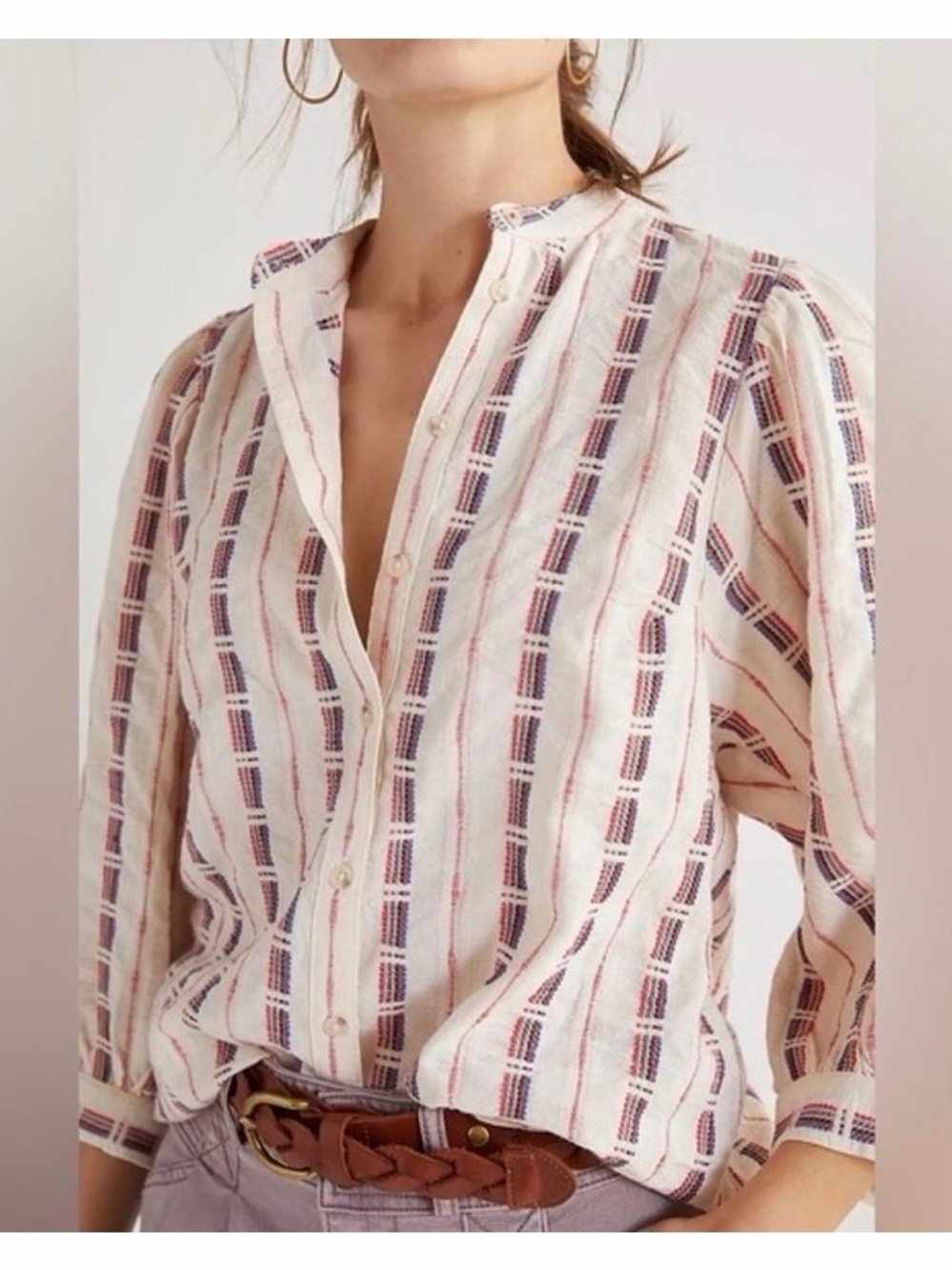 Pilcro Cream Button-Down Shirt with Red & Navy Stripes